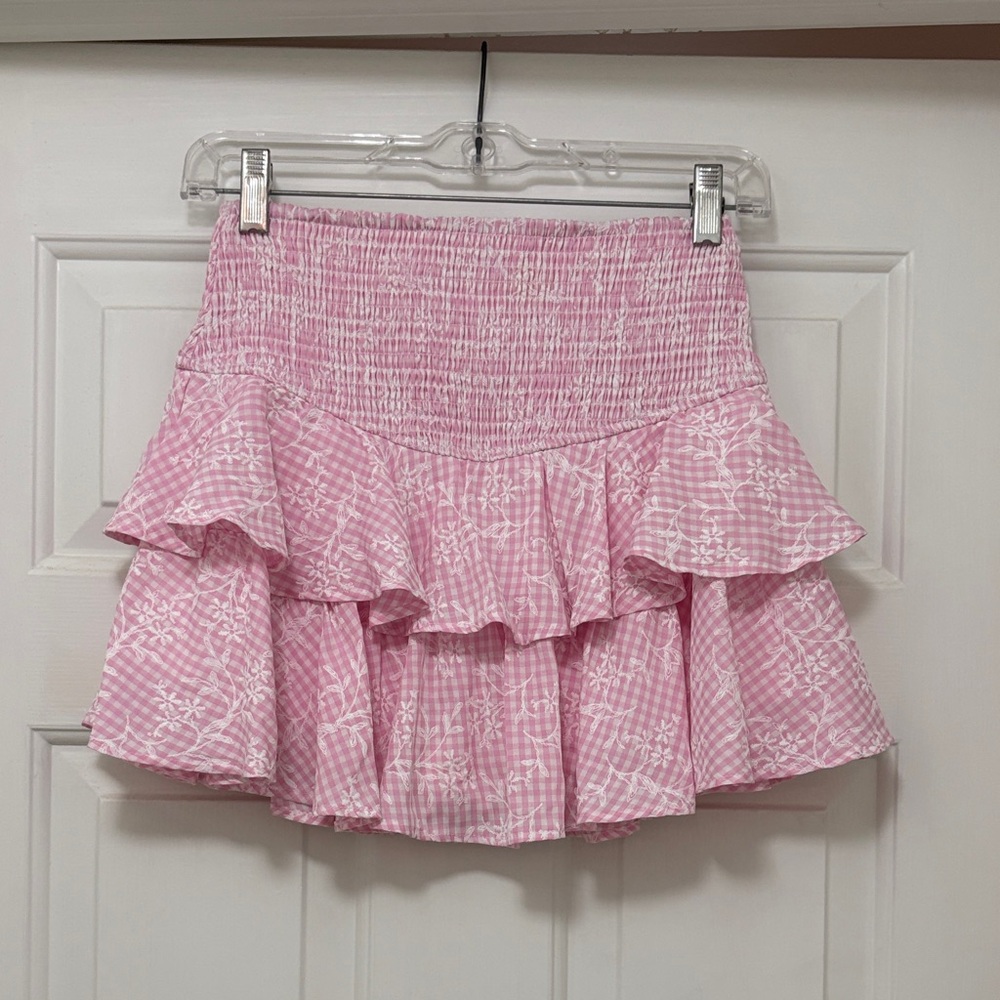 Altar’d State Pink Gingham Ruffled Smocked Mini Skort with White Embroidery